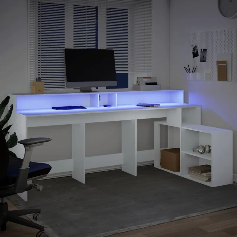 Rašomasis stalas su LED apšvietimu, baltas, 200x104x91cm