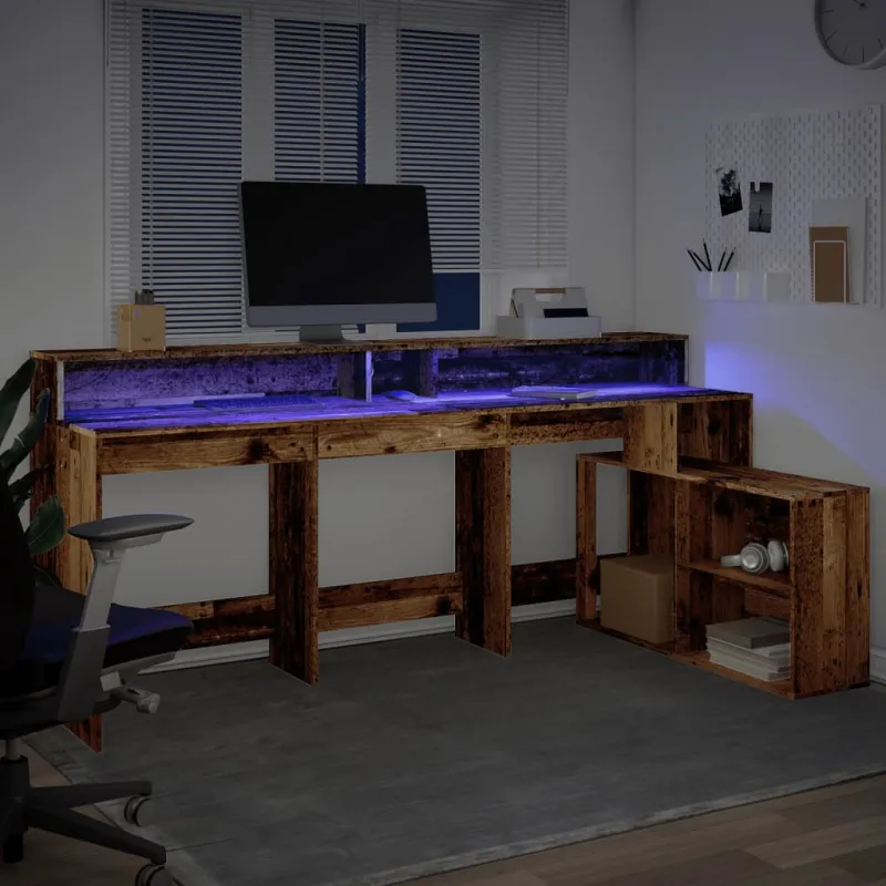 Rašomasis stalas su LED, pilkas ąžuolo, 200x104x91cm, mediena