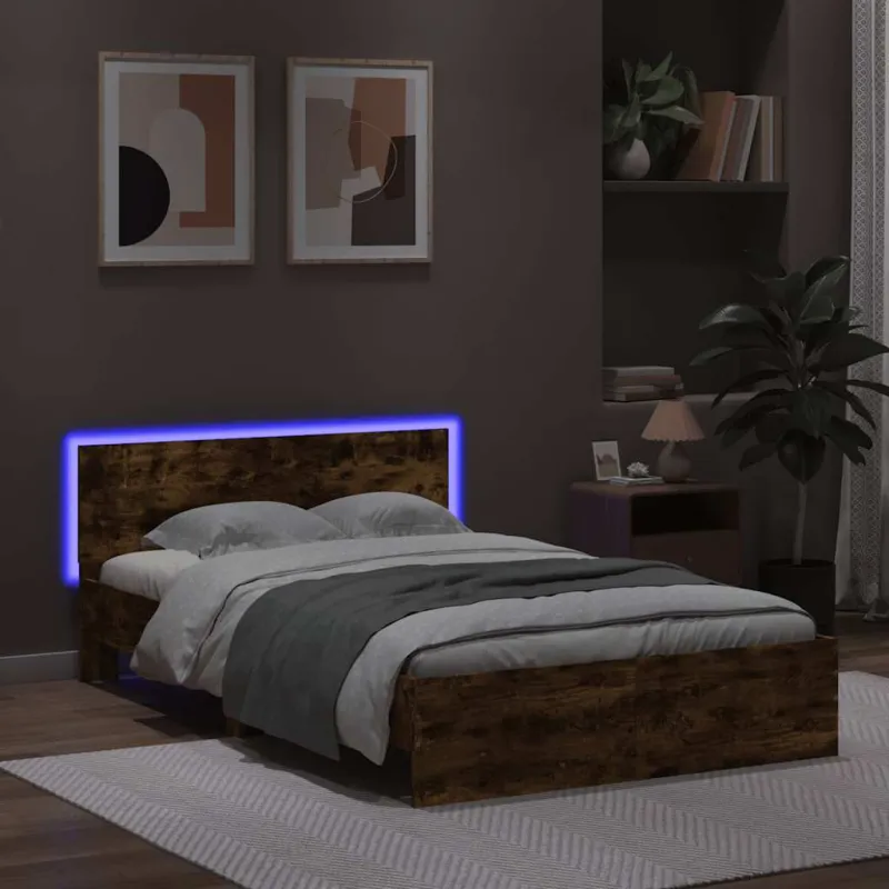 Lovos rėmas su galvūgaliu ir LED, dūminio ąžuolo, 135x190cm