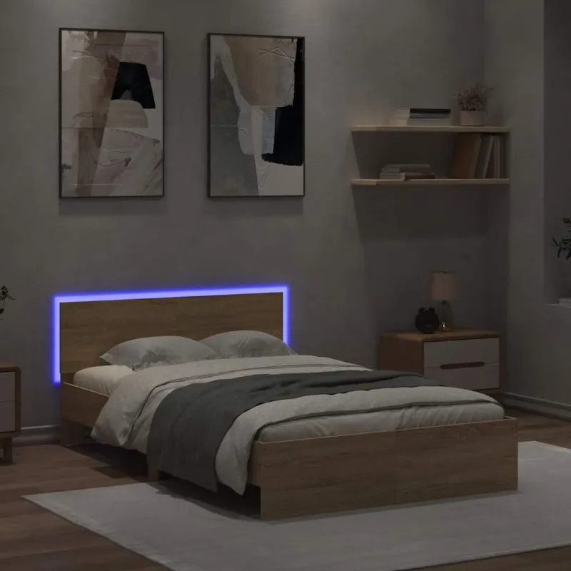 Lovos rėmas su galvūgaliu ir LED, sonoma ąžuolo, 120x190cm
