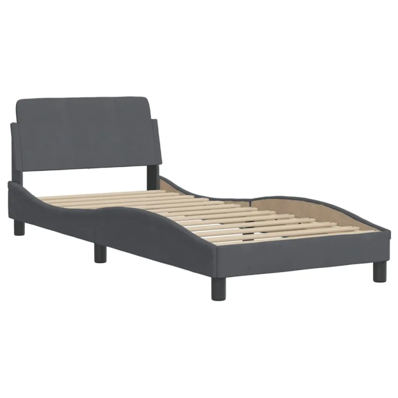 Lova su čiužiniu, tamsiai pilkos spalvos, 90x200cm, aksomas