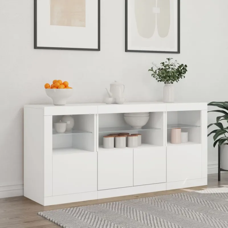 Šoninė spintelė su LED lemputėmis, balta, 142,5x37x67cm