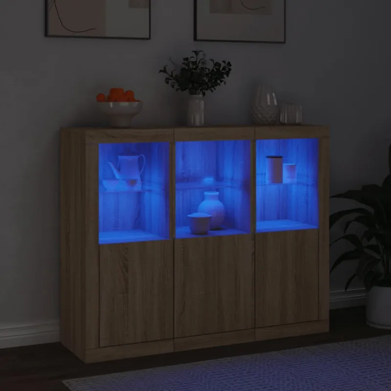 Šoninės spintelės su LED, 3vnt., ąžuolo, apdirbta mediena