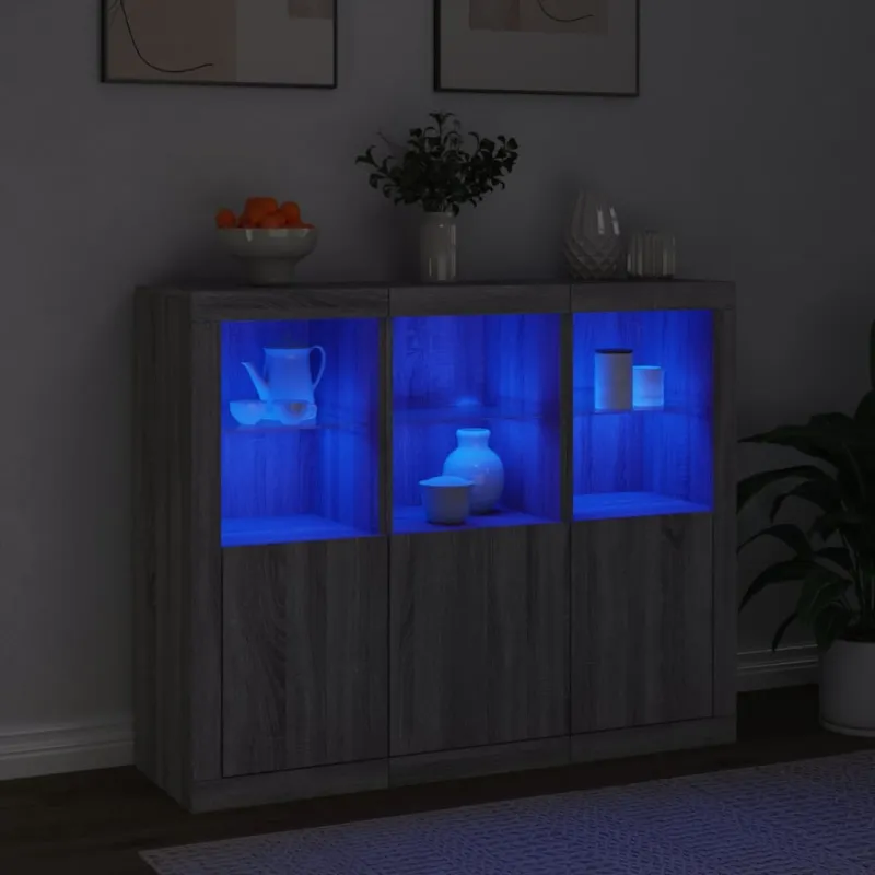 Šoninės spintelės su LED, 3vnt., pilkos ąžuolo, mediena