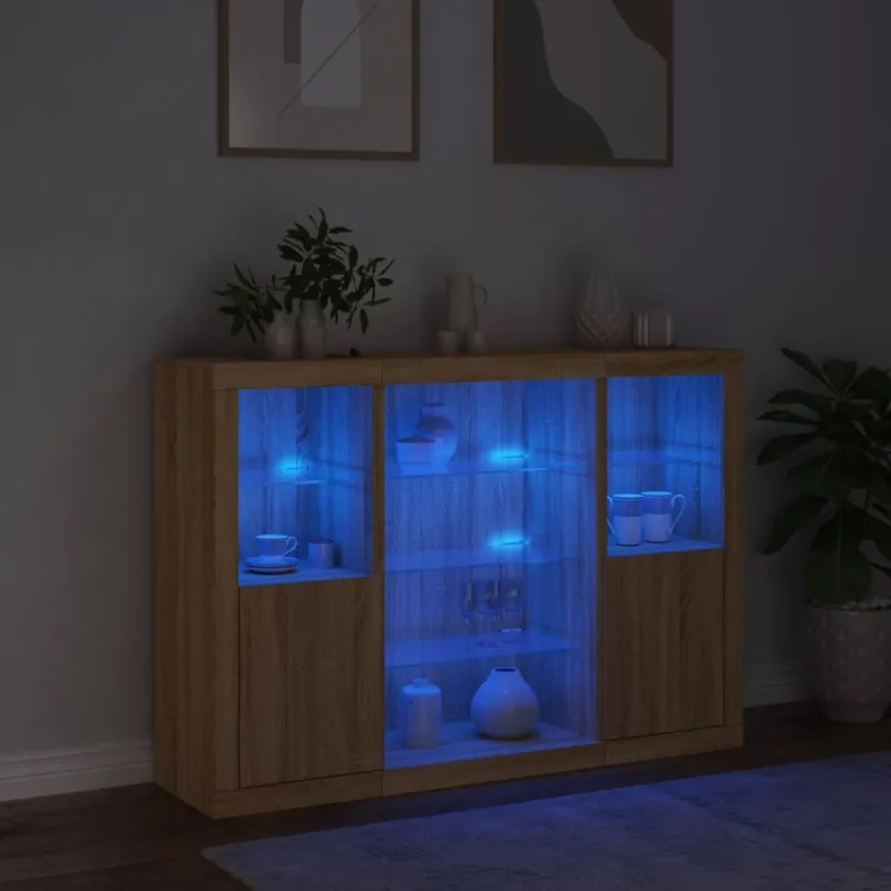 Šoninės spintelės su LED, 3vnt., ąžuolo, apdirbta mediena