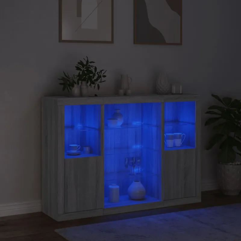 Šoninės spintelės su LED, 3vnt., pilkos ąžuolo, mediena