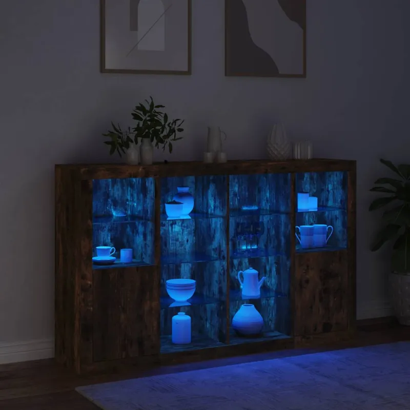Šoninės spintelės su LED, 3vnt., dūminio ąžuolo, mediena