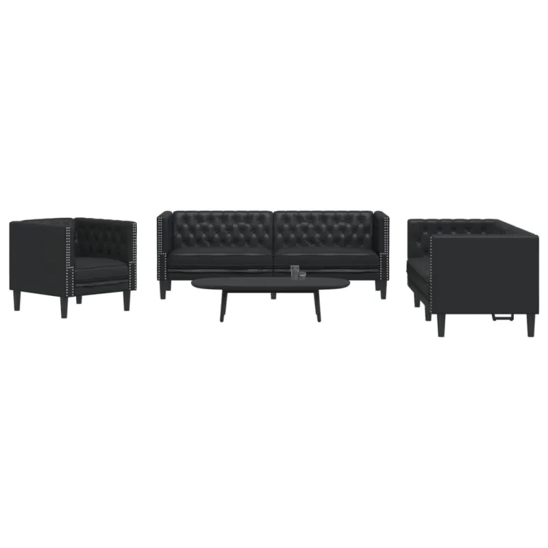 Chesterfield sofų komplektas, 3 dalių, juodas, dirbtinė oda