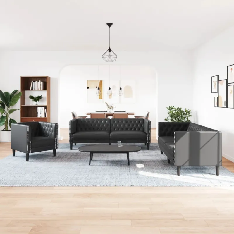 Chesterfield sofų komplektas, 3 dalių, juodas, dirbtinė oda