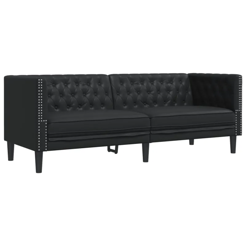 Chesterfield sofų komplektas, 3 dalių, juodas, dirbtinė oda