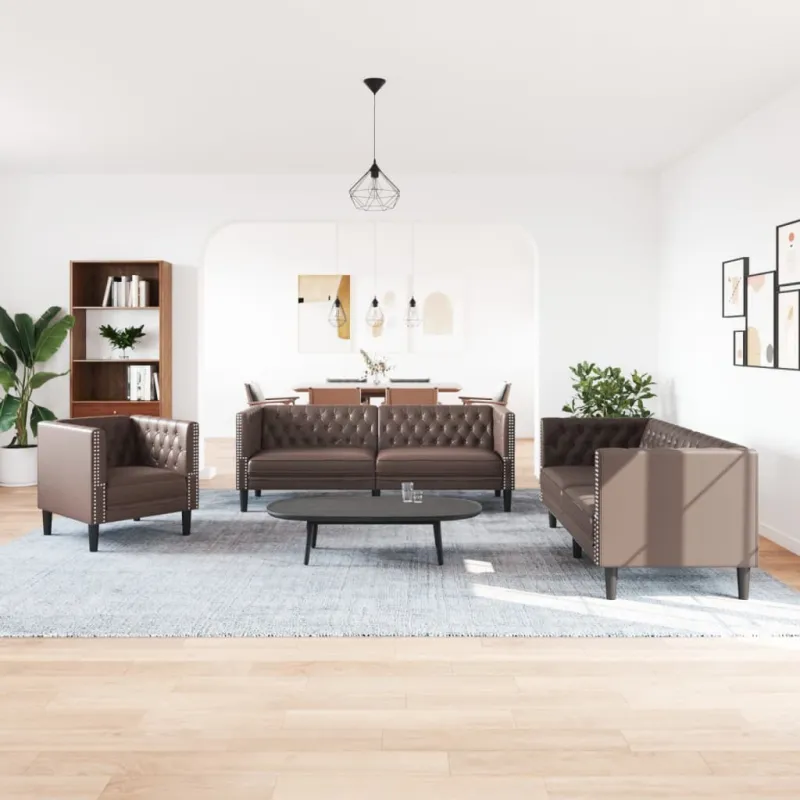Chesterfield sofų komplektas, 3 dalių, rudas, dirbtinė oda