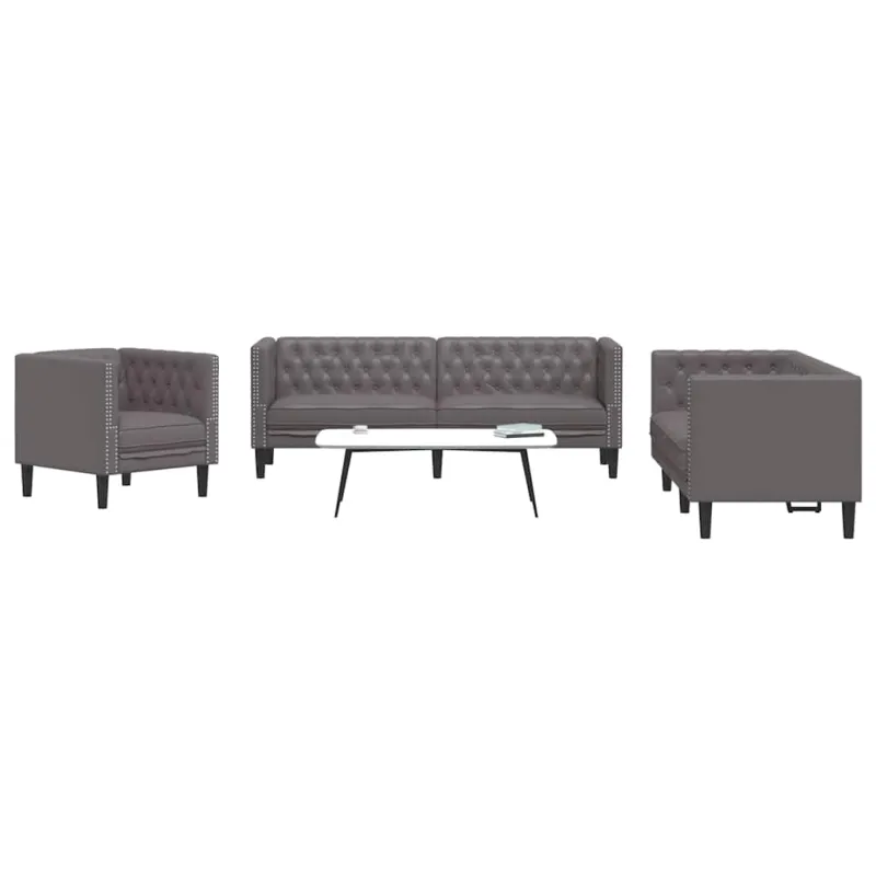 Chesterfield sofų komplektas, 3 dalių, pilkas, dirbtinė oda