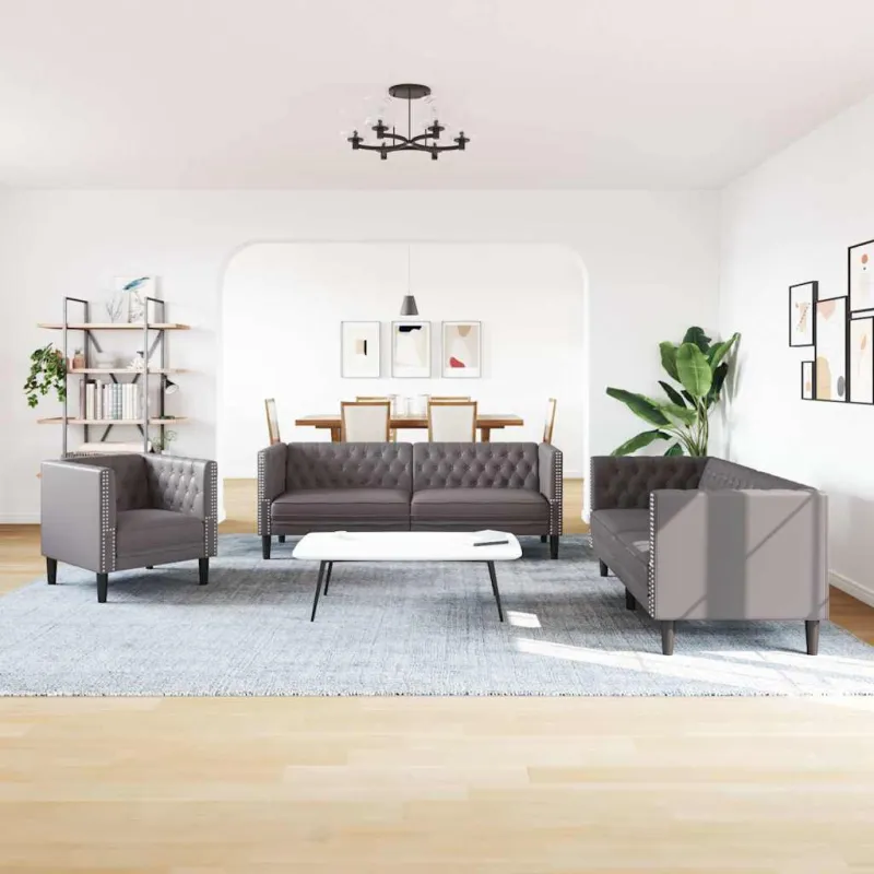 Chesterfield sofų komplektas, 3 dalių, pilkas, dirbtinė oda