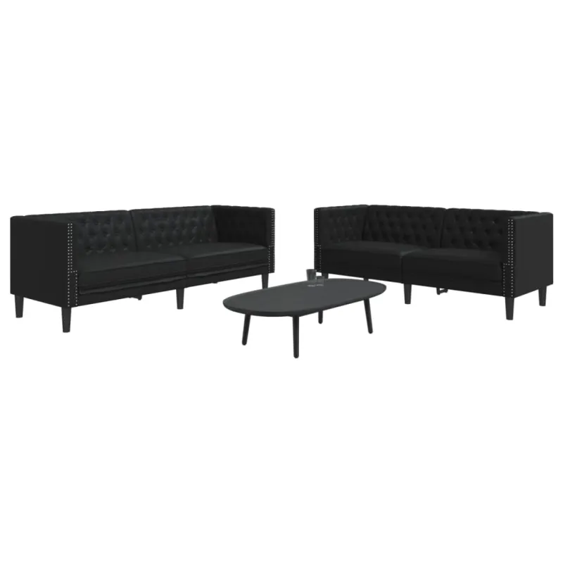 Chesterfield sofų komplektas, 2 dalių, juodas, dirbtinė oda