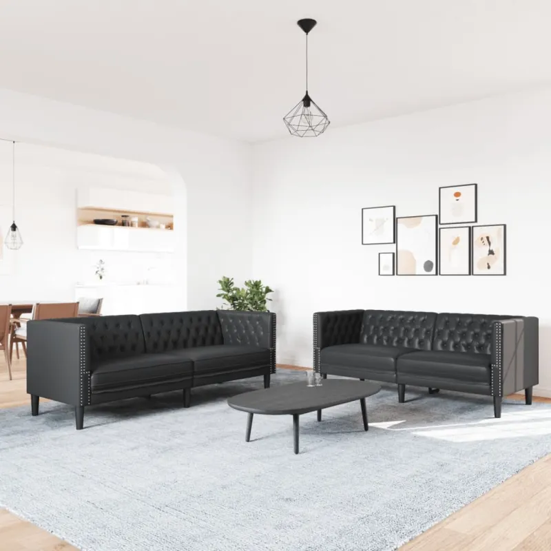 Chesterfield sofų komplektas, 2 dalių, juodas, dirbtinė oda