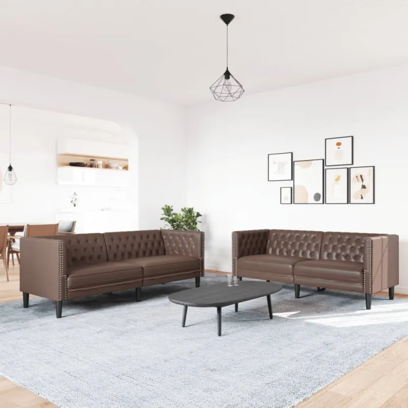 Chesterfield sofų komplektas, 2 dalių, rudas, dirbtinė oda