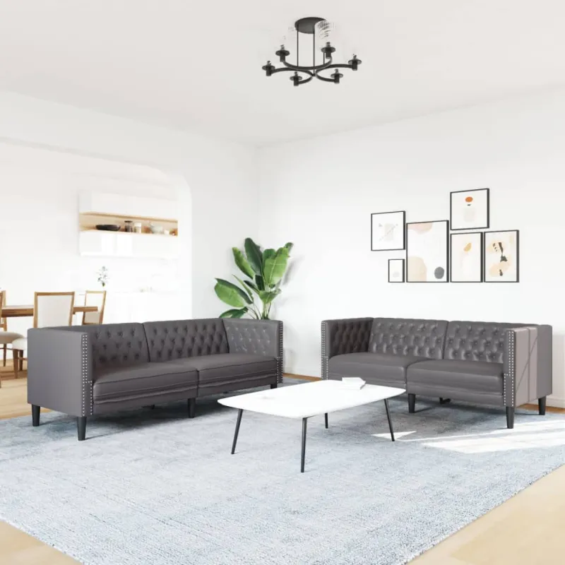 Chesterfield sofų komplektas, 2 dalių, pilkas, dirbtinė oda
