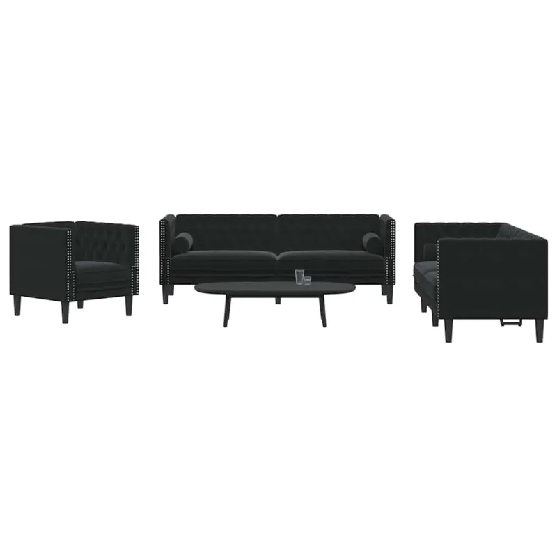 Chesterfield sofų komplektas su pagalvėlėmis, 3 dalių, juoda