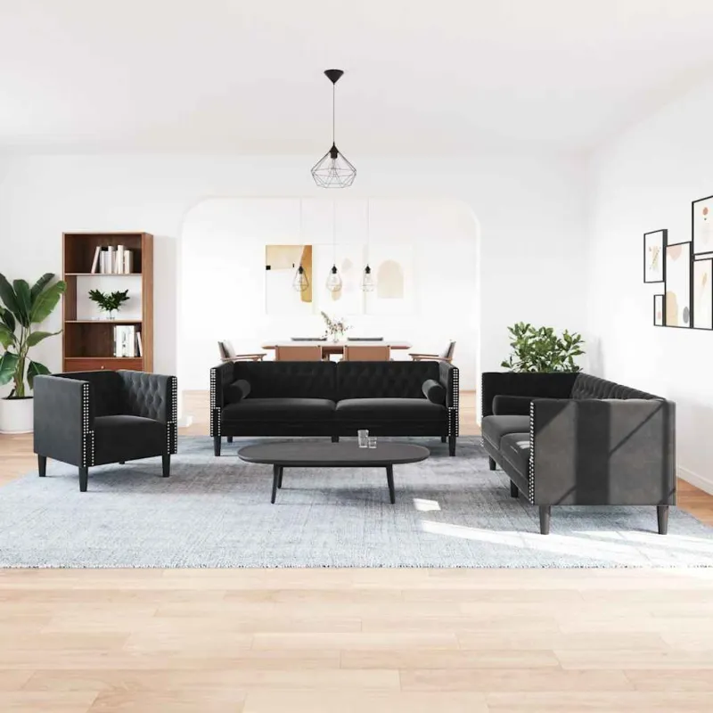 Chesterfield sofų komplektas su pagalvėlėmis, 3 dalių, juoda
