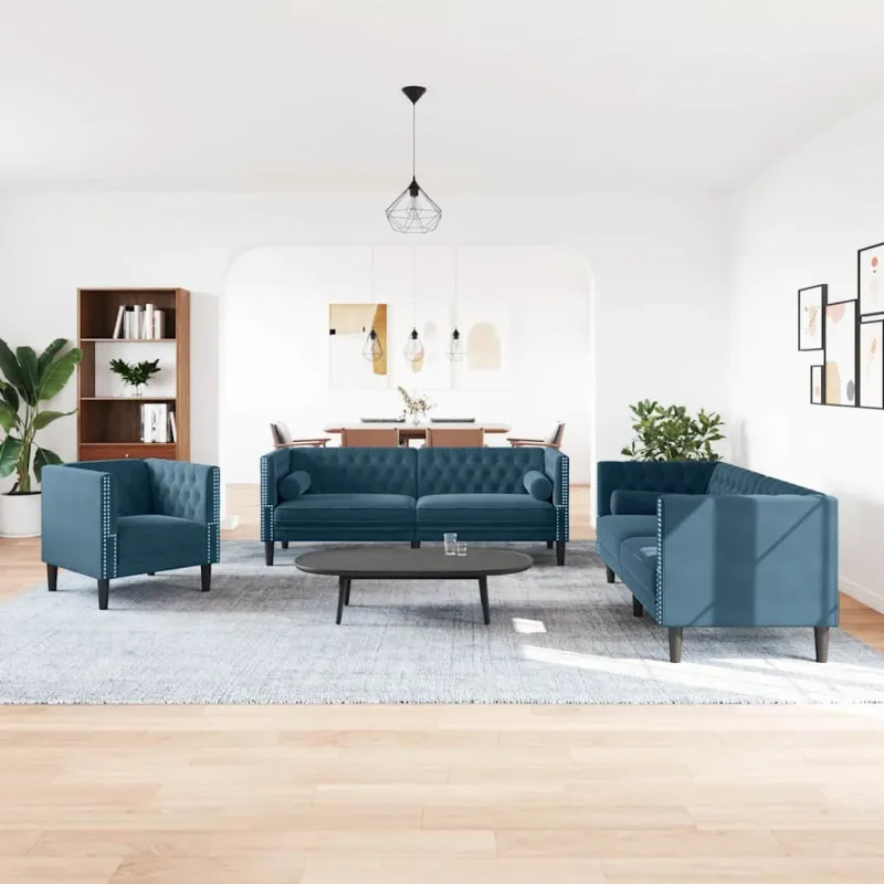 Chesterfield sofų komplektas su pagalvėlėmis, 3 dalių, mėlynas