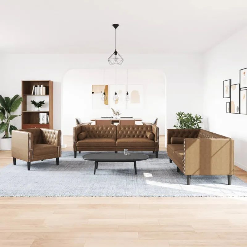 Chesterfield sofų komplektas su pagalvėlėmis, 3 dalių, rudas
