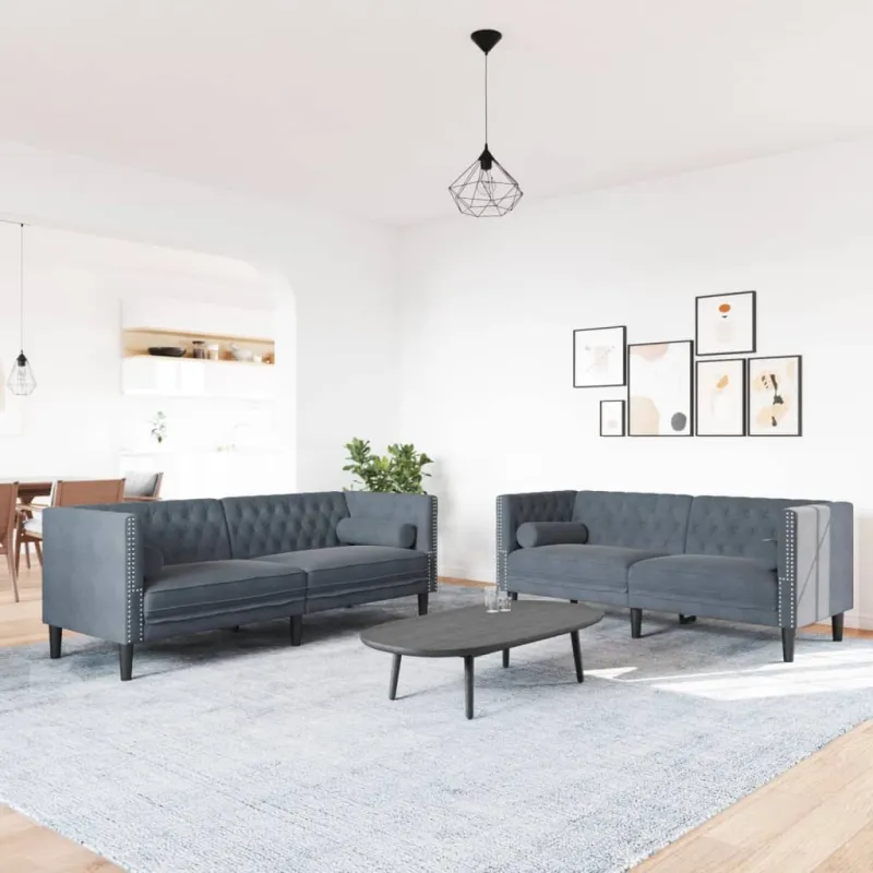 Chesterfield sofų komplektas su pagalvėlėmis, 2 dalių, pilka