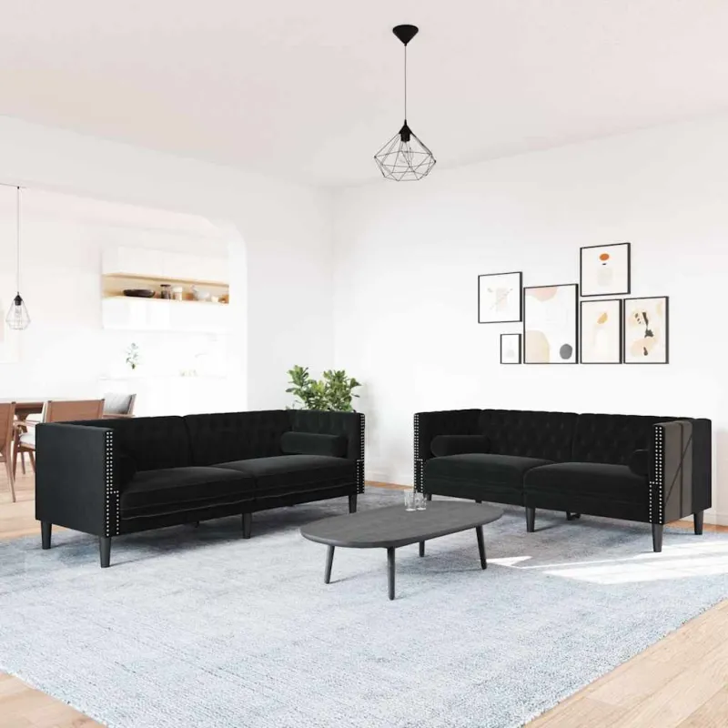 Chesterfield sofų komplektas su pagalvėlėmis, 2 dalių, juoda