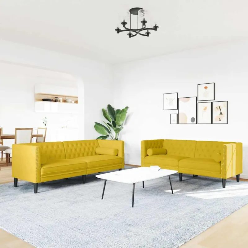 Chesterfield sofų komplektas su pagalvėlėmis, 2 dalių, geltonas