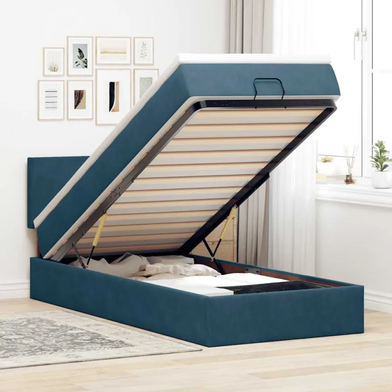 Osmanų lovos rėmas su čiužiniu, mėlynas, 80x200cm, aksomas