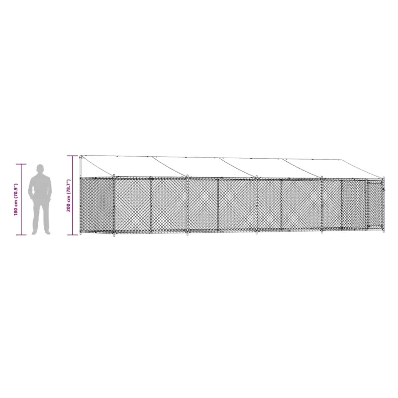 Narvas šunims su stogu ir durimis, pilkas, 8x2x2m, plienas