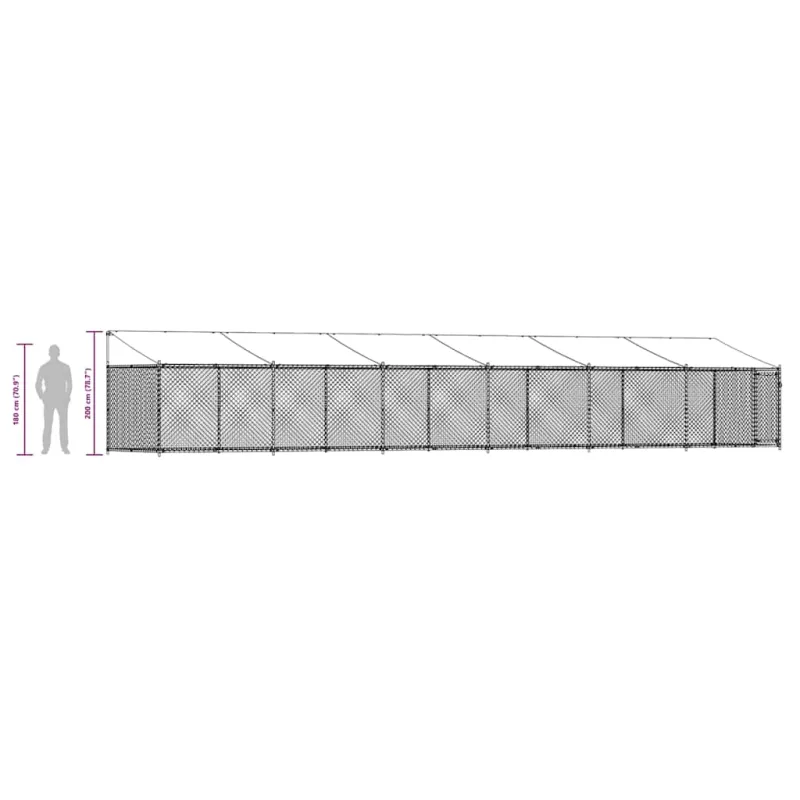 Narvas šunims su stogu ir durimis, pilkas, 12x2x2m, plienas