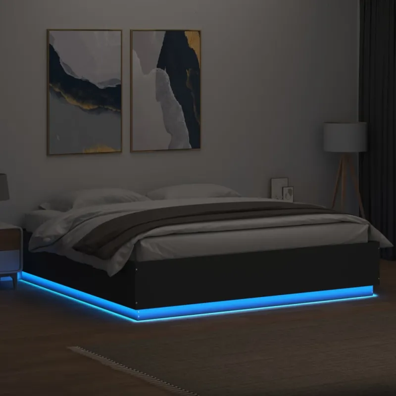 Lovos rėmas su LED, juodas, 200x200cm, apdirbta mediena