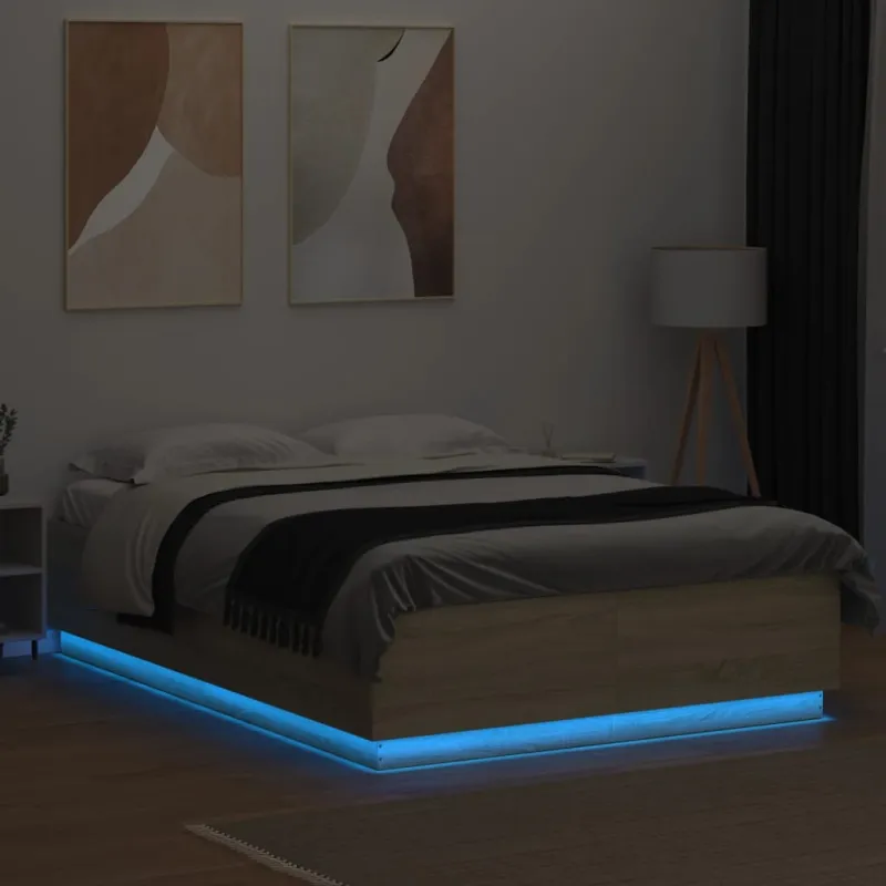Lovos rėmas su LED, ąžuolo, 120x200cm, apdirbta mediena