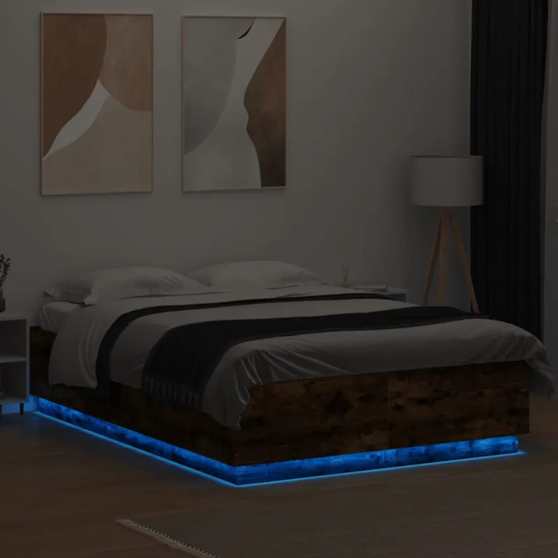 Lovos rėmas su LED, dūminio ąžuolo, 120x200cm, apdirbta mediena