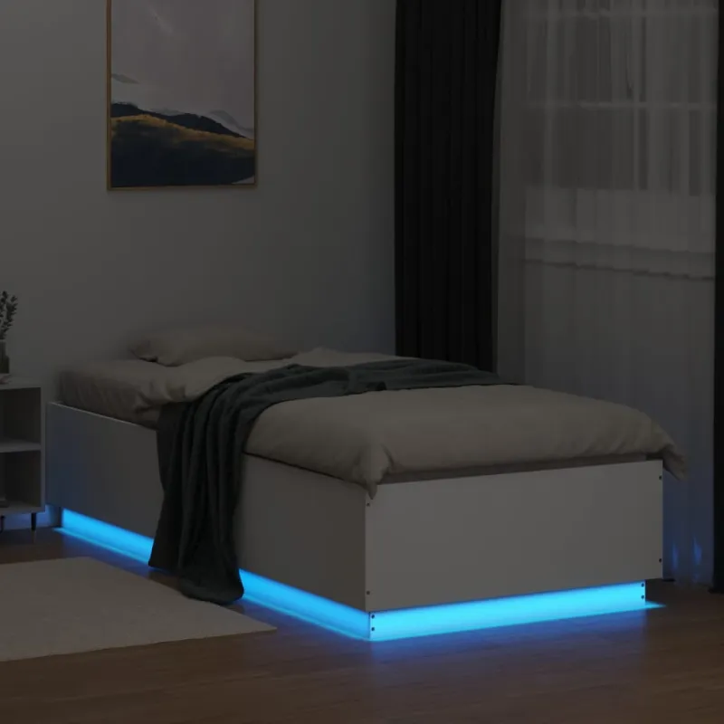 Lovos rėmas su LED, baltas, 90x200cm, apdirbta mediena