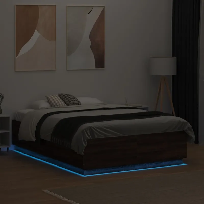 Lovos rėmas su LED, rudas ąžuolo, 140x190cm, apdirbta mediena