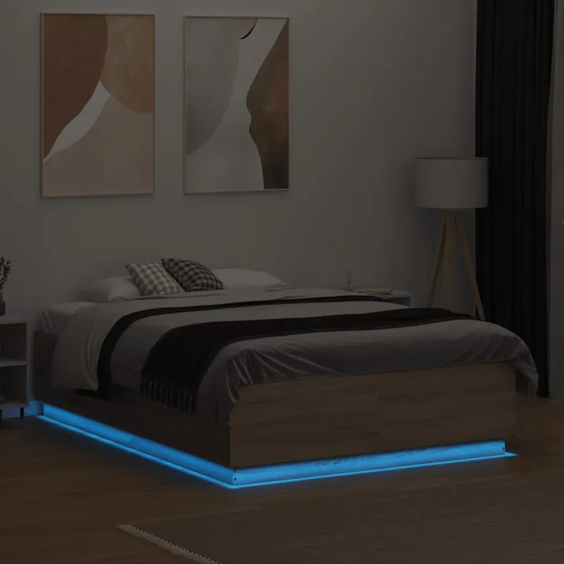 Lovos rėmas su LED, ąžuolo, 135x190cm, apdirbta mediena
