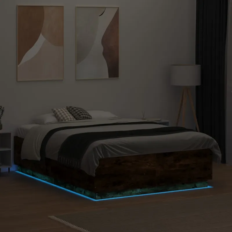Lovos rėmas su LED, dūminio ąžuolo, 135x190cm, apdirbta mediena