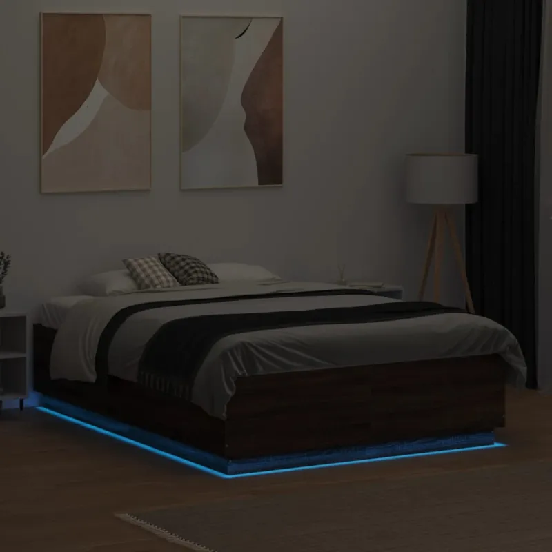 Lovos rėmas su LED, rudas ąžuolo, 135x190cm, apdirbta mediena