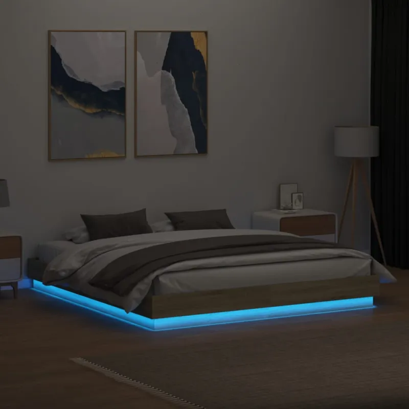 Lovos rėmas su LED lemputėmis, sonoma ąžuolo spalvos, 200x200cm