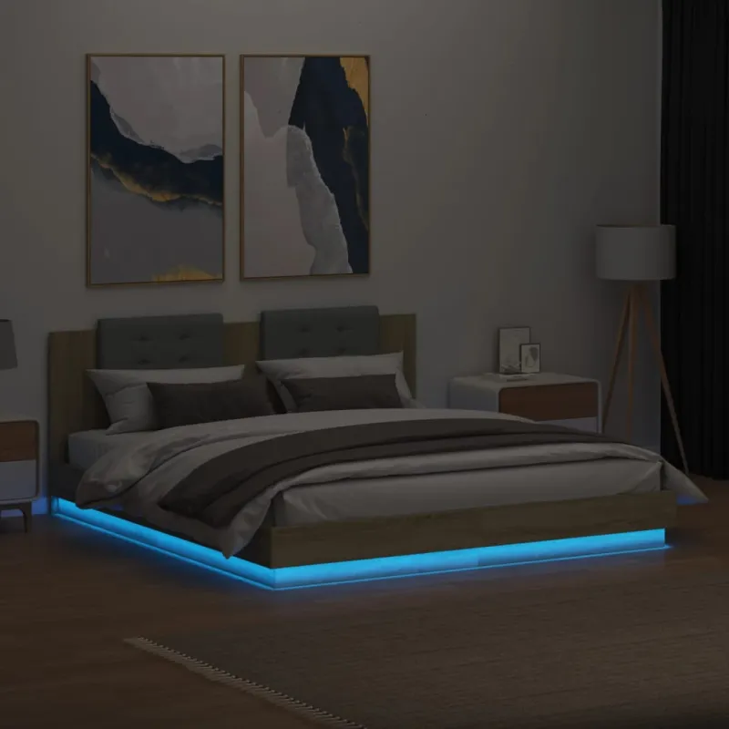 Lovos rėmas su galvūgaliu ir LED, ąžuolo spalvos, 200x200cm