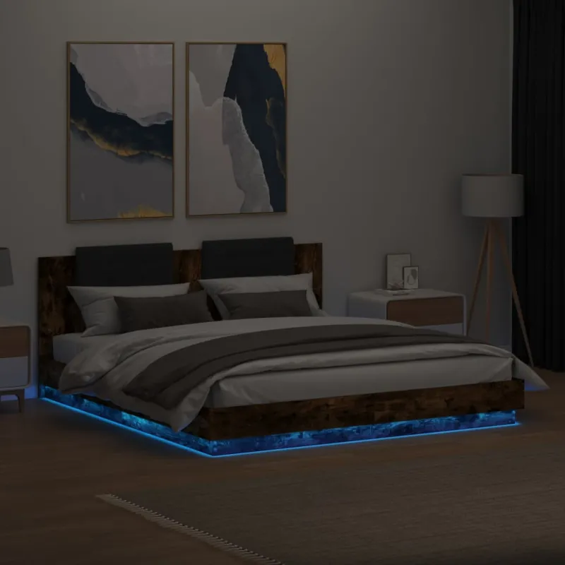 Lovos rėmas su galvūgaliu ir LED, dūminis ąžuolo, 200x200cm