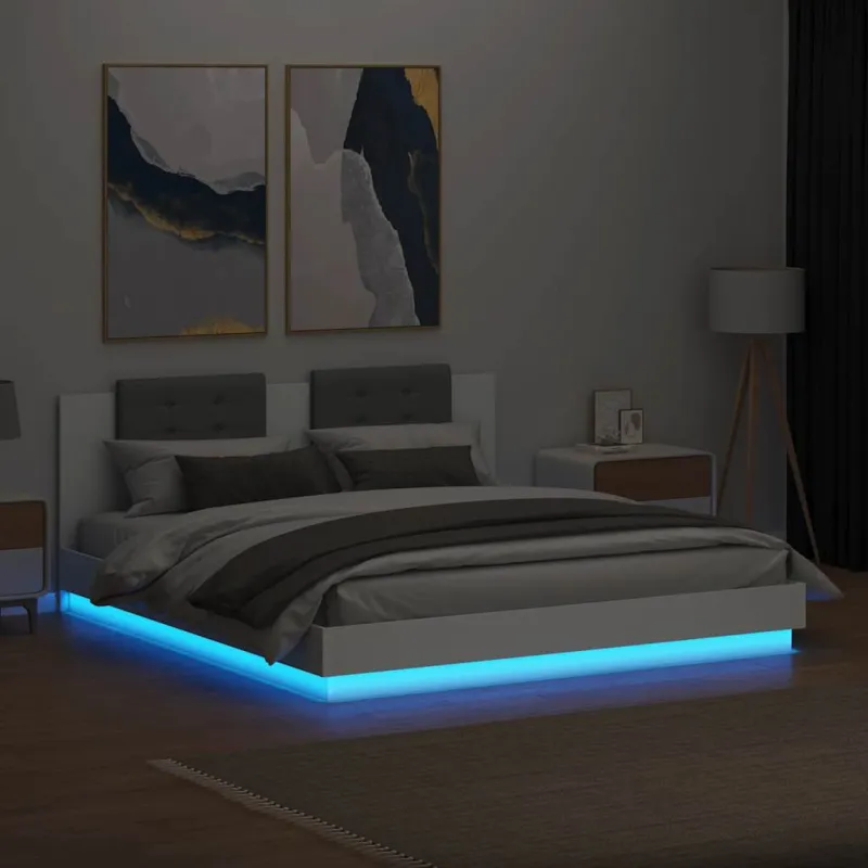 Lovos rėmas su galvūgaliu ir LED, baltos spalvos, 180x200cm
