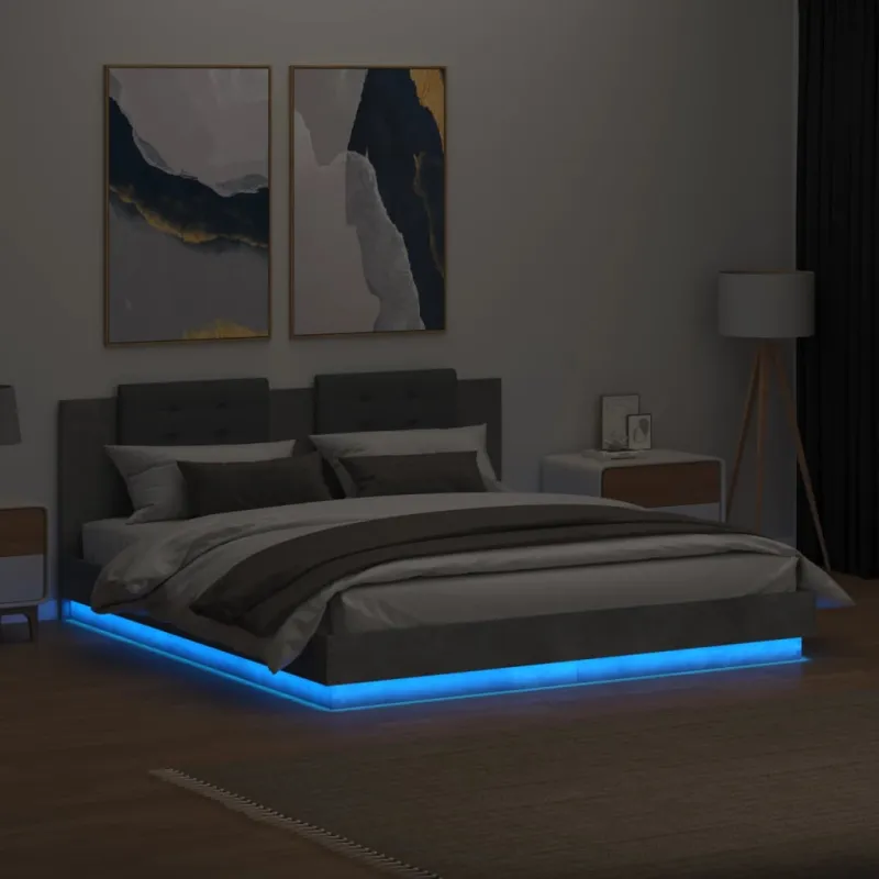 Lovos rėmas su galvūgaliu ir LED, betono pilkas, 180x200cm