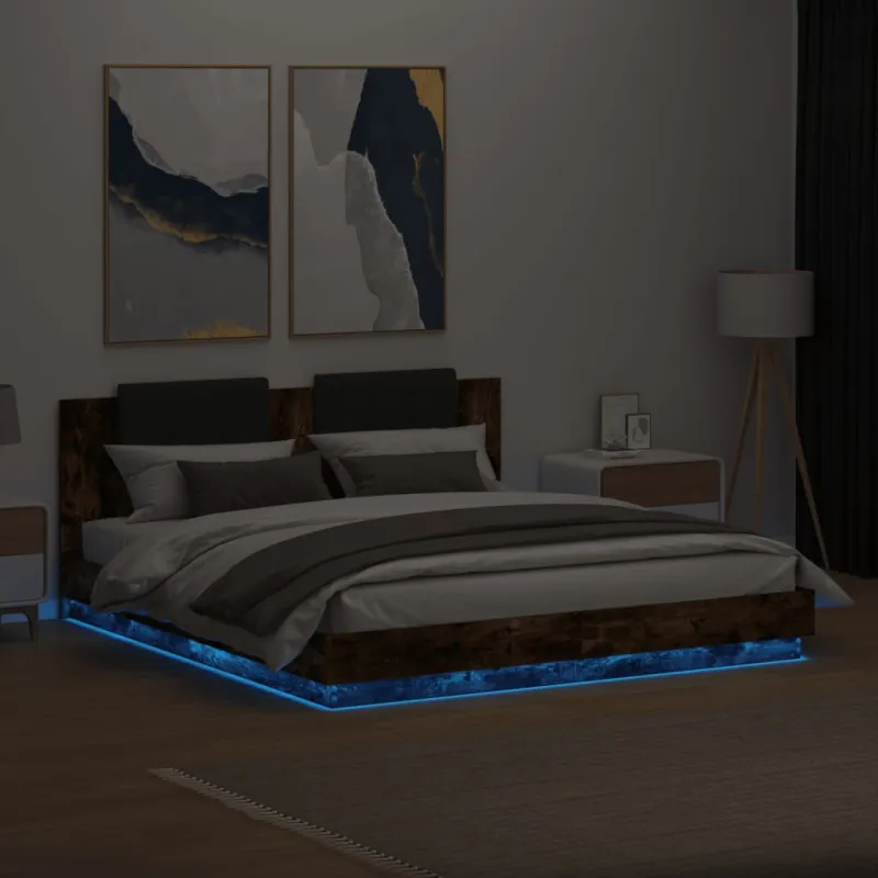 Lovos rėmas su galvūgaliu ir LED, dūminio ąžuolo, 180x200cm