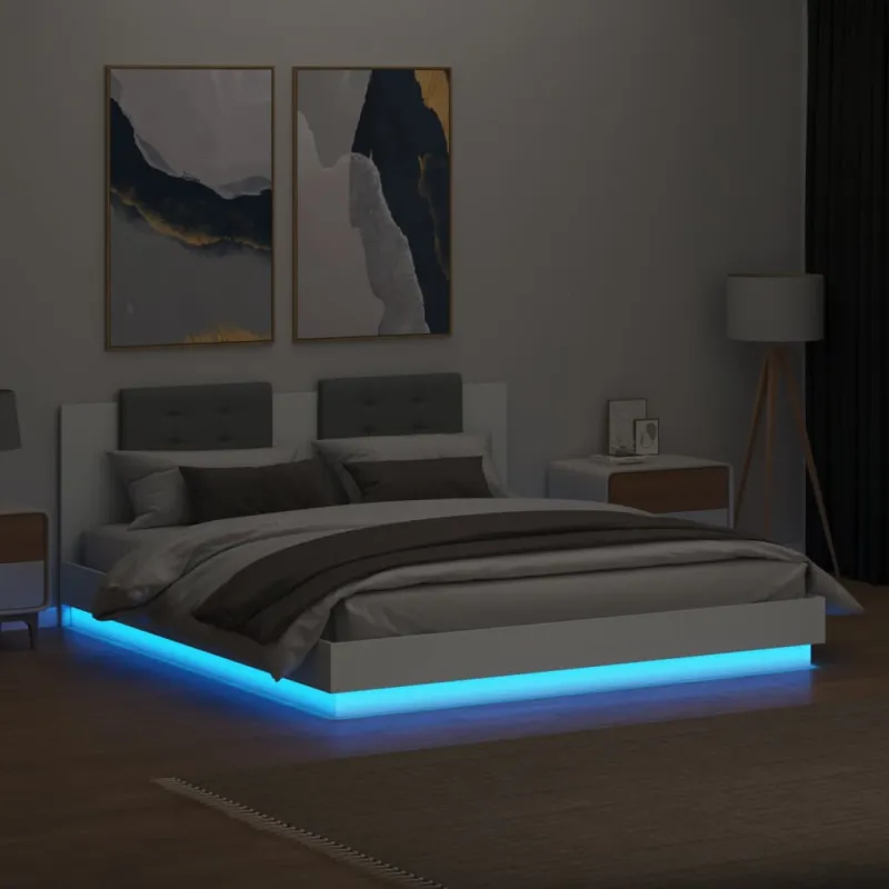 Lovos rėmas su galvūgaliu ir LED, baltos spalvos, 160x200cm