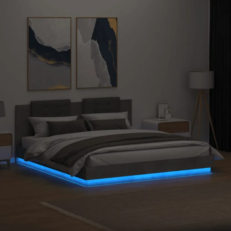 Lovos rėmas su galvūgaliu ir LED, betono pilkas, 160x200cm