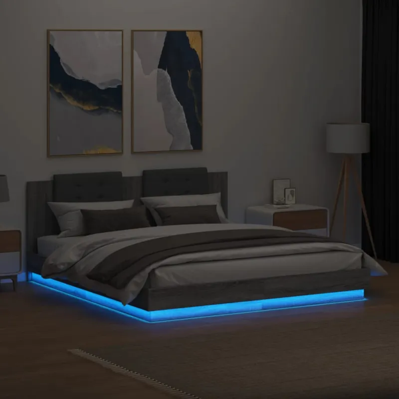 Lovos rėmas su galvūgaliu ir LED, pilkas ąžuolo, 160x200cm