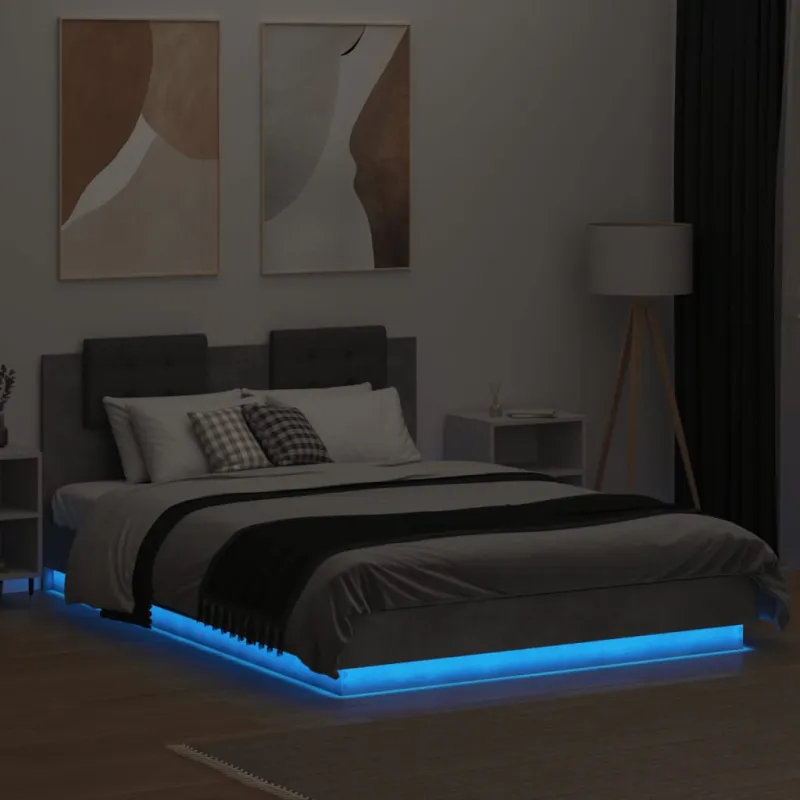 Lovos rėmas su galvūgaliu ir LED, betono pilkas, 150x200cm