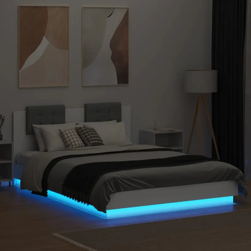 Lovos rėmas su galvūgaliu ir LED, baltos spalvos, 120x200cm
